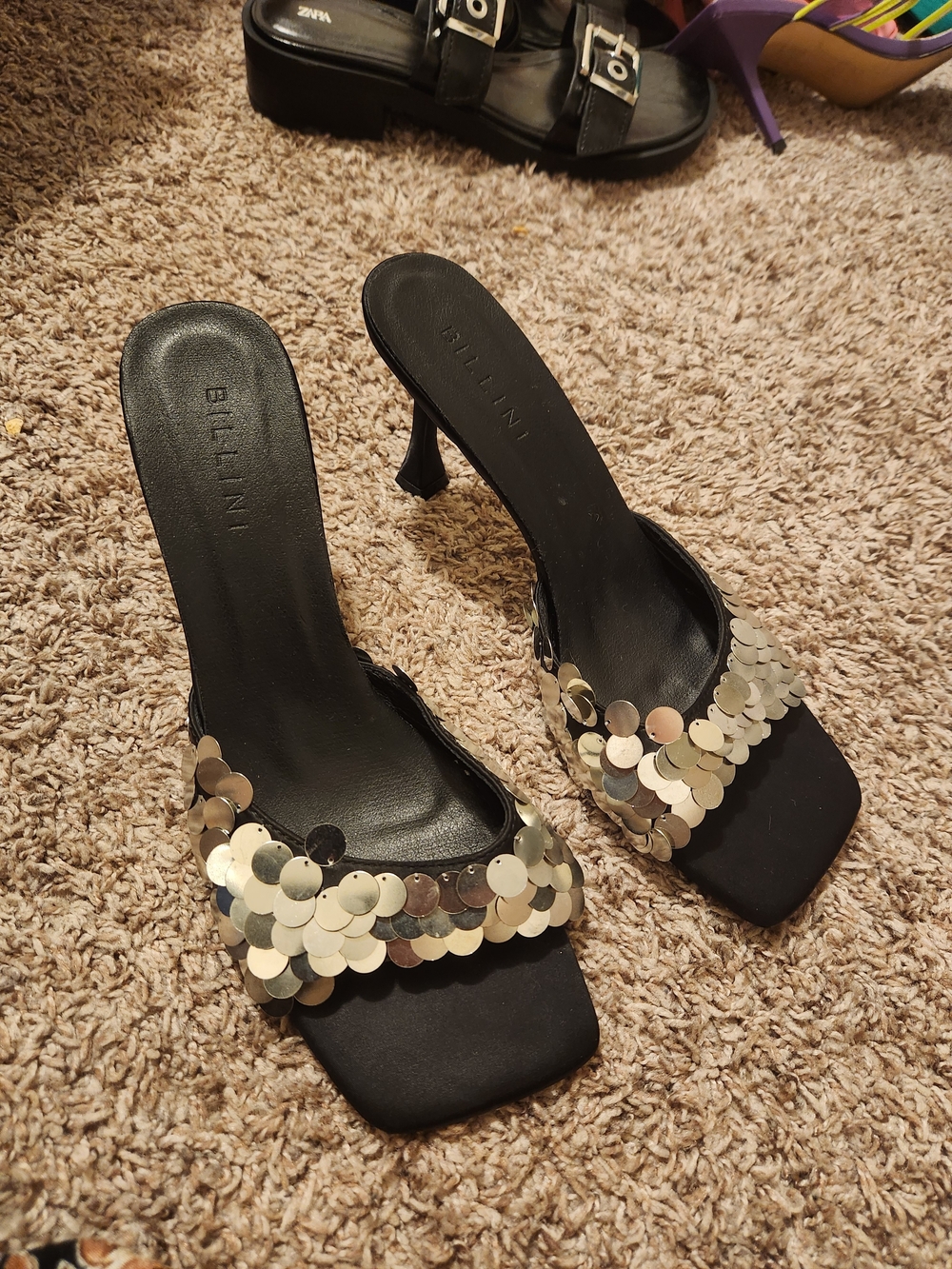Bellini Black Square-Toe Slide Heels with Metallic Sequins